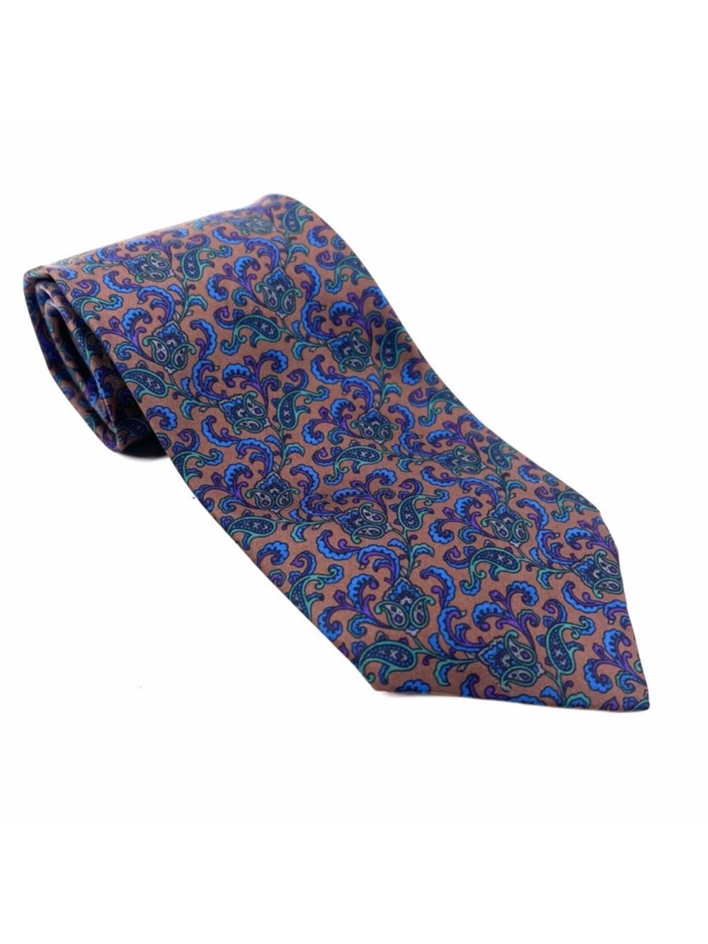 Vintage Ted Lapidus Brown Blue Green Floral 100% Silk Mens Designer Neck Tie